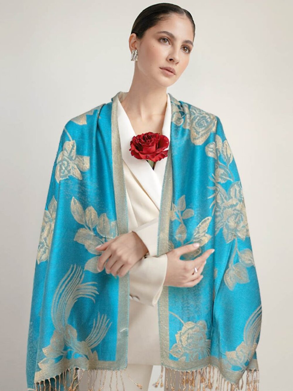 2PC Reversible Rose Floral Pashmina Scarf Shawl Wrap Set Lavender & Turquoise